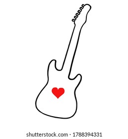 Silhouette der elektrischen Gitarre mit rotem Herzen Tattoo blies Illustration linearen Zeichnung. Doodle Line Art.