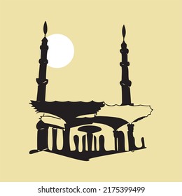 Silhouette of electric umbrella or canopy and minaret under moon at Nabawi Mosque in Medinah - Medina, Saudi Arabia. Vector illustration for Ramadan Kareem greeting card, Eid Mubarak poster and banner