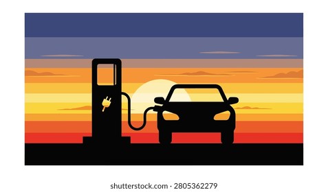 Silhouette of electric vehicle refueling