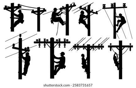 Silhouette of an Electrical Power Lineman Climbing an Electrical Powerline Pole with a white background.