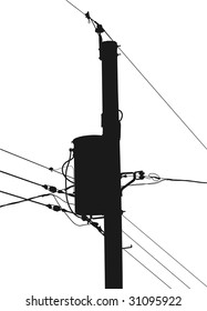 Silhouette of am electrical or utility pole with transformer, wires and insulators.