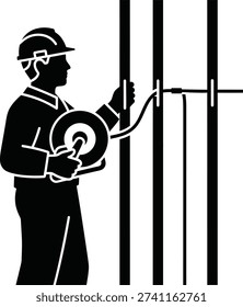 Silhouette Electrician Working With Voltage Meter On Power Lines