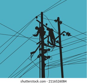 Silhouette of Electricians workers are working to connect telephone lines and busy cables with blue sky background. Technology and occupation concept. Flat vector illustration