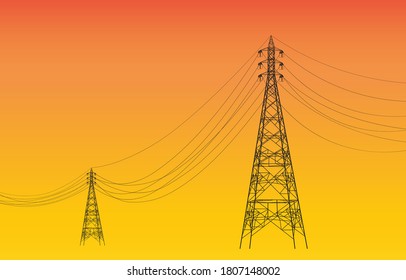 Silhouette of electricity pylons at sunset. Technology background