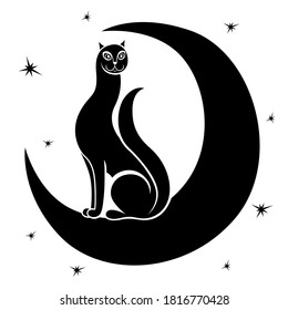 Silhouette of elegance and amusing cat on moon, isolated black vector hand drawing on white