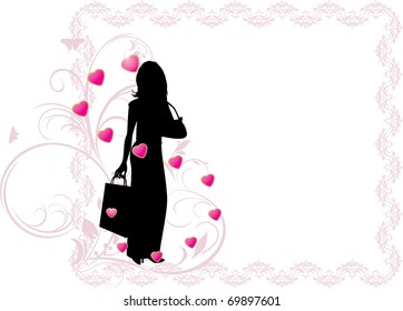 Silhouette elegant beautiful woman in the decorative frame with hearts. Vector