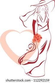 Silhouette of a elegant bride with bouquet in hand. Vector