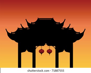 Silhouette of elegant chinese gate