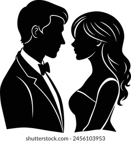 Silhouette of Elegant Couple in Formal Attire, Black and white silhouette vector illustration of a man in a tuxedo and a woman with flowing hair in a formal dress.