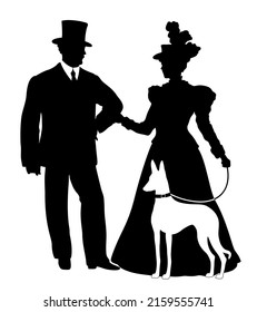 Silhouette of elegant couple in victorian dress with Ibizan Hound dog. Young man and woman in historical clothing with dog. 