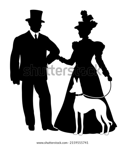 Silhouette of elegant couple in victorian dress with\
Ibizan Hound dog. Young man and woman in historical clothing with\
dog. 