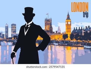 Silhouette of an elegant gentleman holding a walking stick with the palace of westminster and big ben in the background during sunset