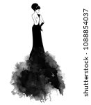 Silhouette of an elegant girl from the back in a beautiful lush grotesque long black dress. Hand drawn vector illustration on a white background.