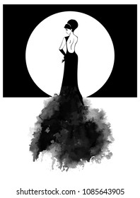 Silhouette of an elegant girl from the back in a beautiful lush grotesque long black dress. Hand drawn vector illustration on a white background.