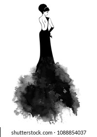 Silhouette of an elegant girl from the back in a beautiful lush grotesque long black dress. Hand drawn vector illustration on a white background.