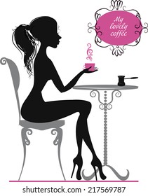 Silhouette of elegant girl with cup of coffee