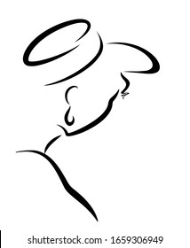 Silhouette of a elegant girl in a vintage hat. Sketch of a young woman from the back. Simple outline drawing on a light background. EPS10 vector illustration.