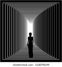 The silhouette of an elegant lady walking down a corridor is featured in an op art fashion and beauty illustration.