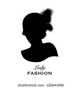 Silhouette Of An Elegant Lady's Head With Feather Headdress, 20s Style. Good For Logo.