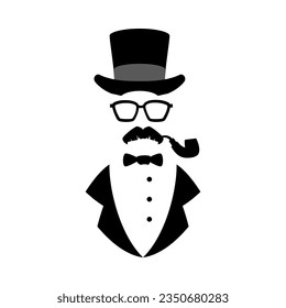 Silhouette of elegant man in hat, glasses and mustaches, flat vector illustration isolated on white background. Gentleman in suit with bowtie and smoking pipe.