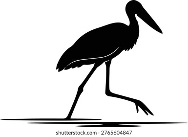 Silhouette elegant stork bird standing in shallow water swamp vector design