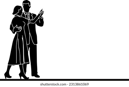 Silhouette of an elegant vintage couple dancing romantically, Retro vintage couple dancing in an elegant and romantic silhouette