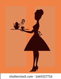 Silhouette of the elegant waitress with a tray. Slender woman holding tray with coffee pot and cup of hot coffee. Vector illustration. 