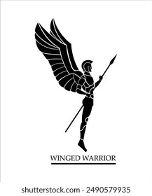 silhouette of elegant winged warrior holds spear