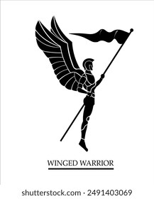 silhouette of elegant winged warrior holds flag