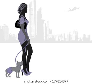 Silhouette of elegant woman with little dog on a city background. Vector