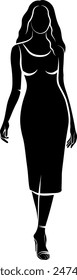 Silhouette of Elegant Women In Dress . Vector monochromatic illustration 