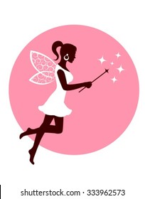 silhouette of a elegantl fairy with a magic wand and stars on a pink round background 