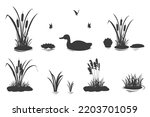 Silhouette elements of swamp grass with reeds and duck. Set of vector illustrations of black shadows of lake and river vegetation for design.