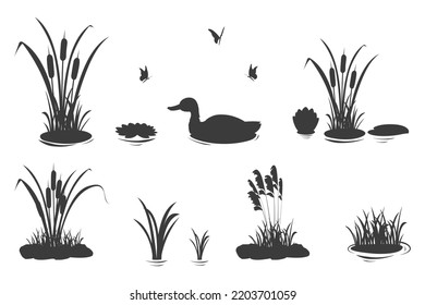 Silhouette elements of swamp grass with reeds and duck. Set of vector illustrations of black shadows of lake and river vegetation for design.