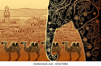 
Silhouette of an elephant against a background of Indian landscape. 
Indian landscape with camels and with an elephant.Delhi.