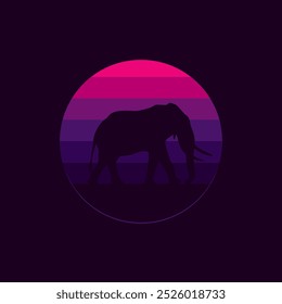 Silhouette of an elephant against a striped retro sunset. Original vector illustration in vintage style isolated on black background. T-shirt design. Hand drawn, not AI