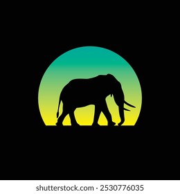 Silhouette of an elephant against a striped retro sunset. Original vector illustration in vintage style isolated on light background. T-shirt design. Hand drawn, not AI