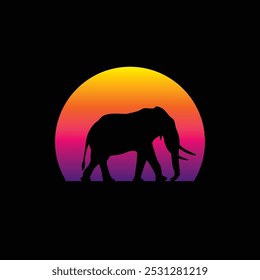 Silhouette of an elephant against a striped retro sunset. Original vector illustration in vintage style isolated on light background. T-shirt design. Hand drawn, not AI