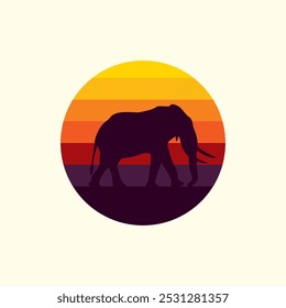 Silhouette of an elephant against a striped retro sunset. Original vector illustration in vintage style isolated on light background. T-shirt design. Hand drawn, not AI