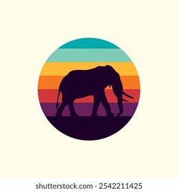 Silhouette of an elephant against a striped retro sunset. Original vector illustration in vintage style isolated on light background. T-shirt design. Hand drawn, not AI