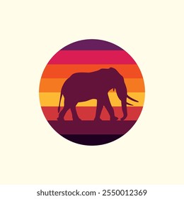 Silhouette of an elephant against a striped retro sunset. Original vector illustration in vintage style isolated on light background. T-shirt design. Hand drawn, not AI