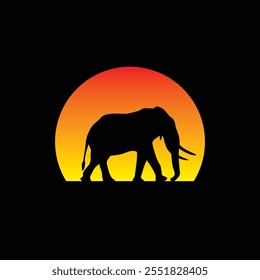 Silhouette of an elephant against a striped retro sunset. Original vector illustration in vintage style. T-shirt design. Hand drawn, not AI