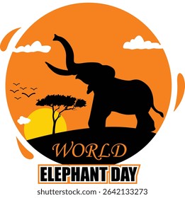 Silhouette of an elephant against sunset scenery for World Elephant Day. Bold vector design ideal for wildlife conservation, posters, and awareness campaigns.