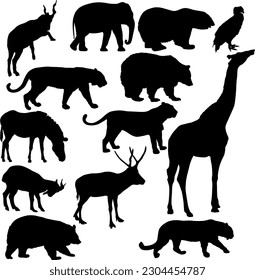 Silhouette elephant bear eagle trot duck zebra parrot on a white background.