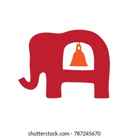 Silhouette of an elephant with a bell on a white background. Vector illustration.