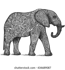  The silhouette of the elephant collected from hand drawn elements of a flower ornament.