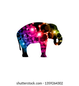 Silhouette of elephant with colorful neon bubbles and stars.
