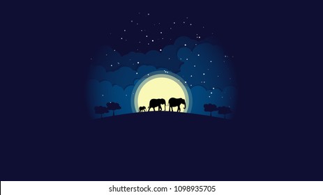 Silhouette elephant family walking at night with stars, clouds, and moon on background