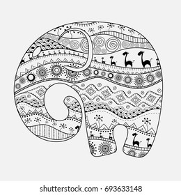 Silhouette of an elephant filled with African national patterns. Vector illustration