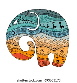 Silhouette of an elephant filled with African national patterns. Vector illustration